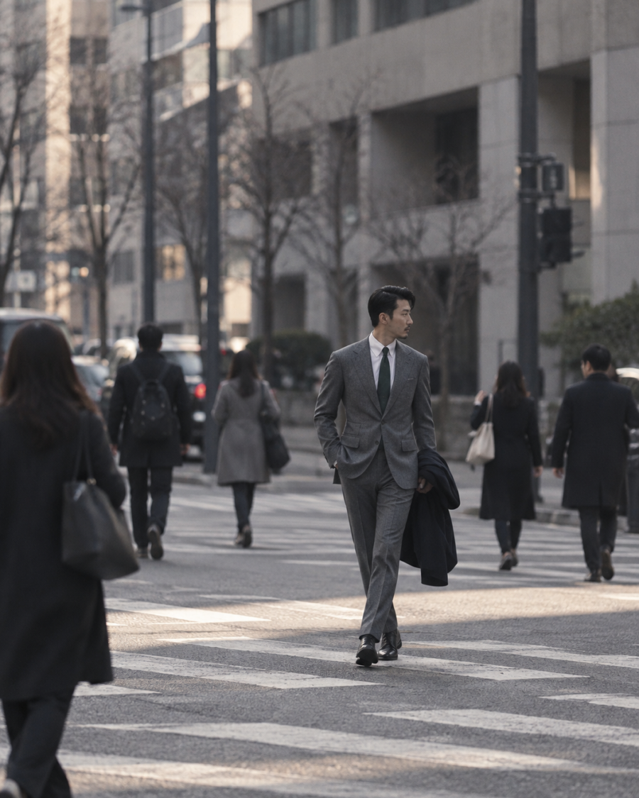 도심 횡단보도를 걷는 그레이 수트 남성 스타일 이미지