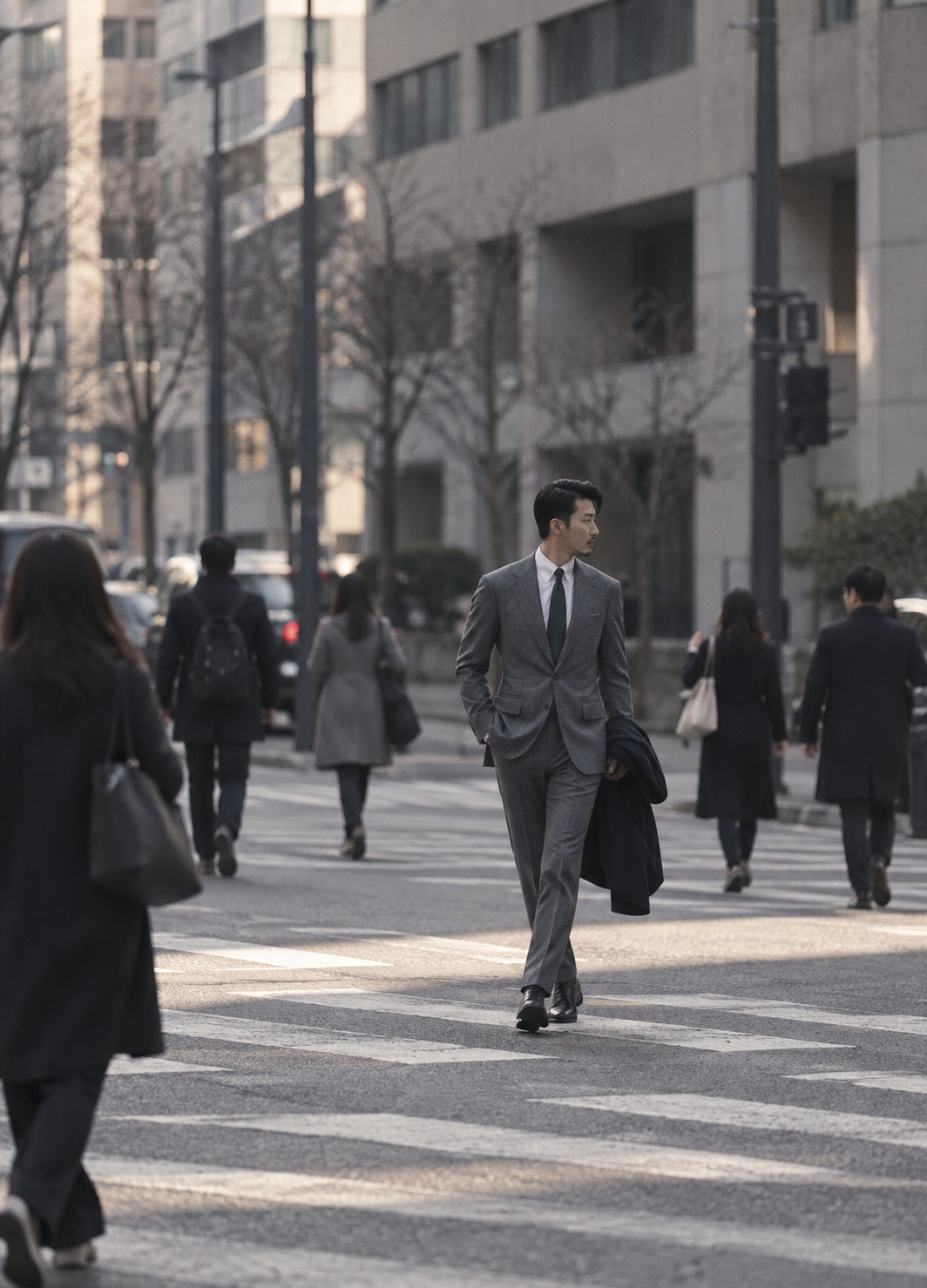 도심 횡단보도를 걷는 그레이 수트 남성 스타일 이미지